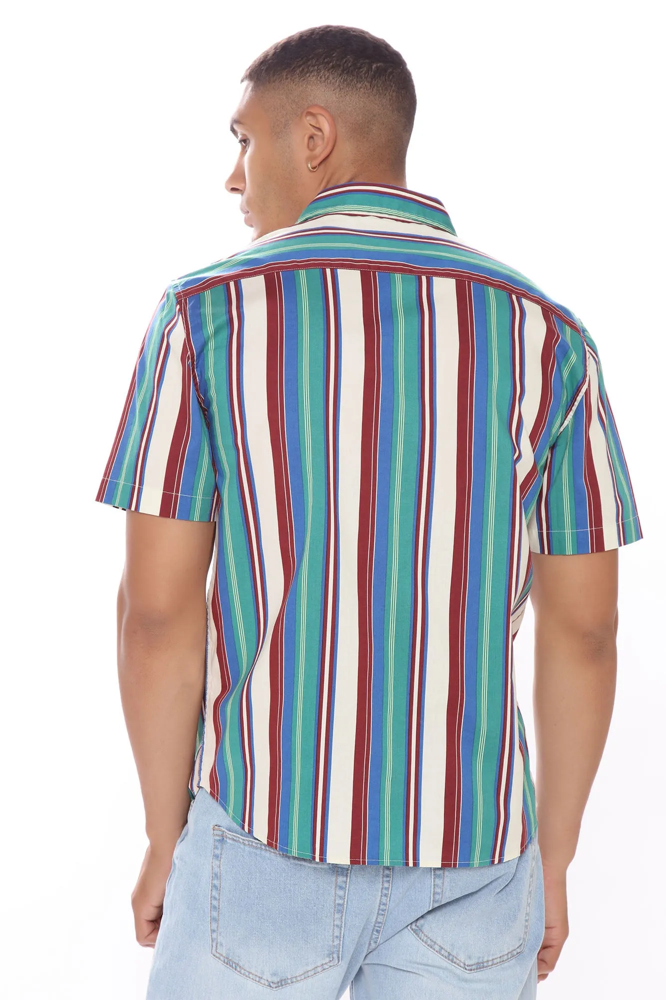 90s Vertical Striped Short Sleeve Woven Top - Blue/combo