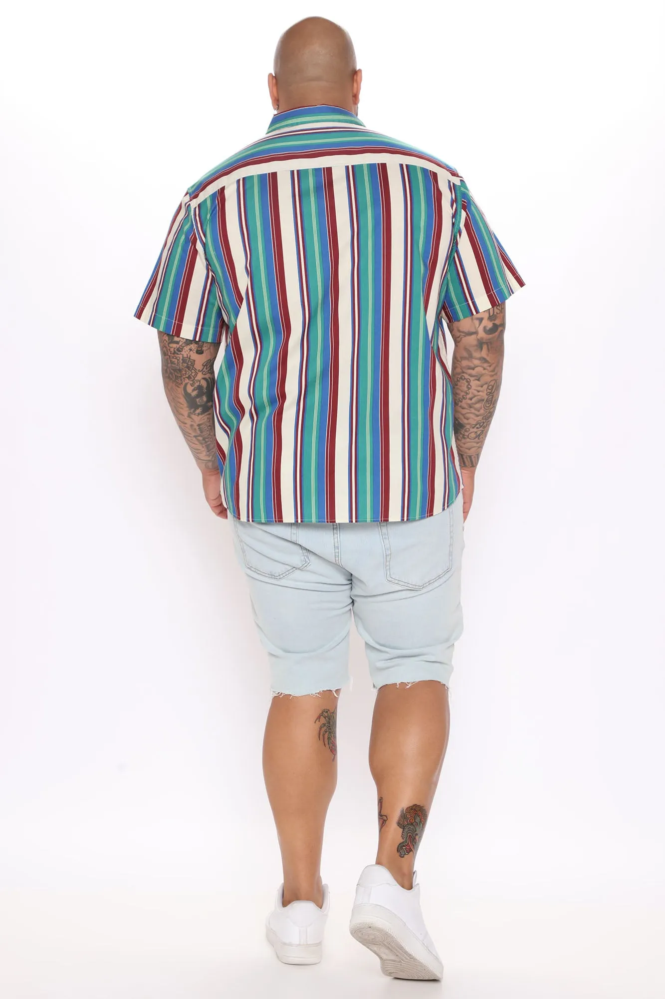 90s Vertical Striped Short Sleeve Woven Top - Blue/combo