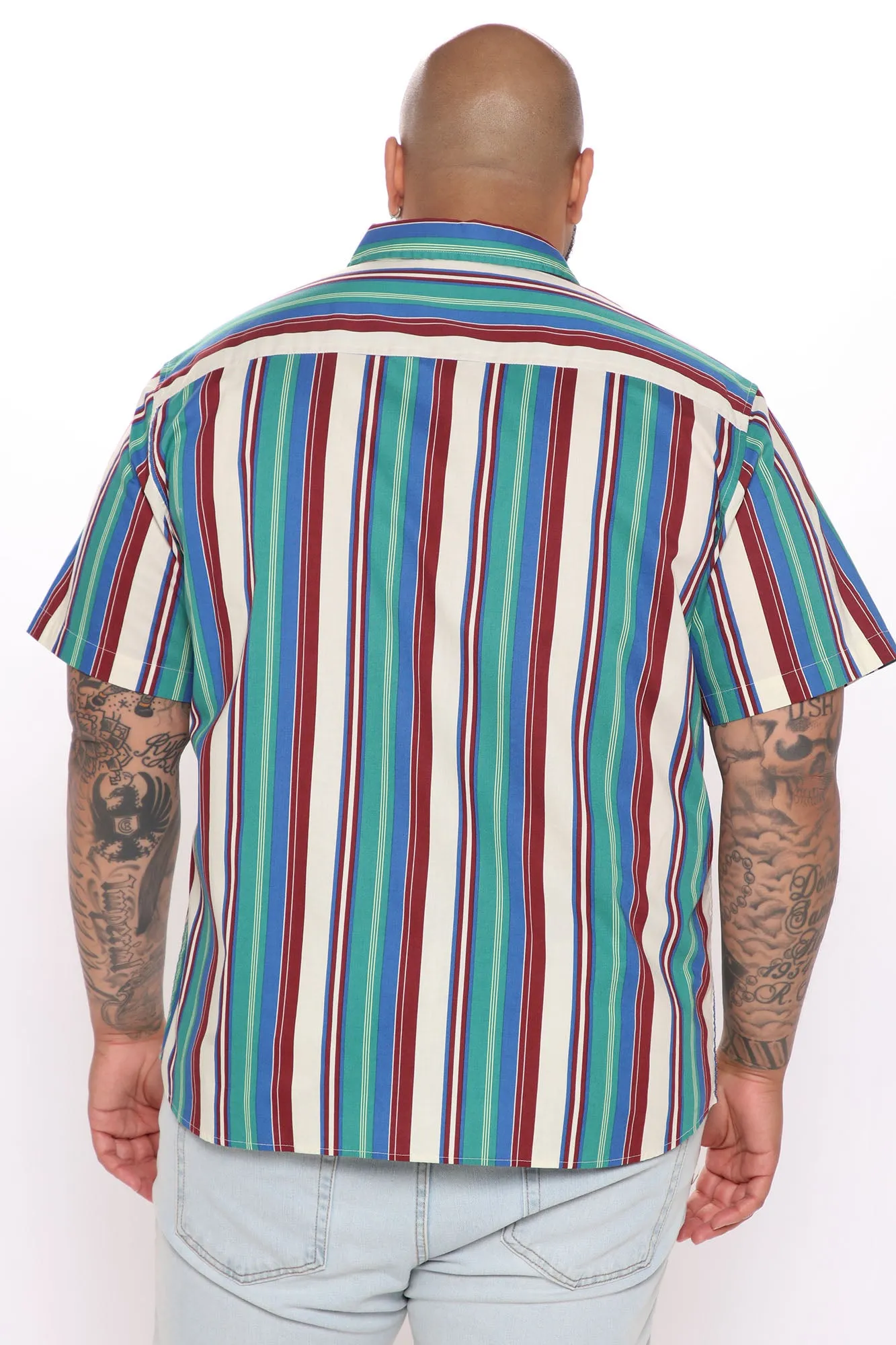 90s Vertical Striped Short Sleeve Woven Top - Blue/combo