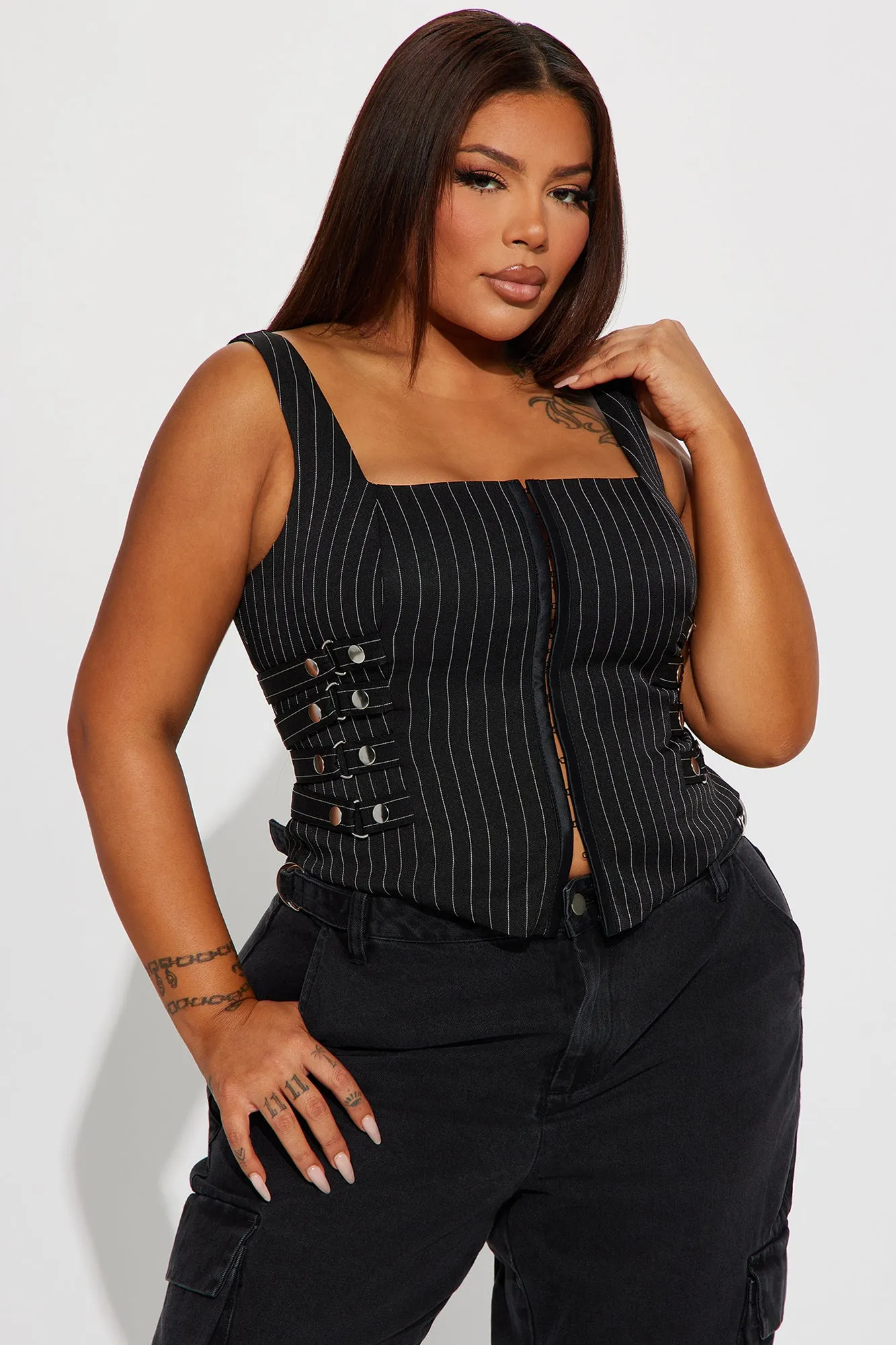 Abriella Pinstriped Corset Top - Black/White