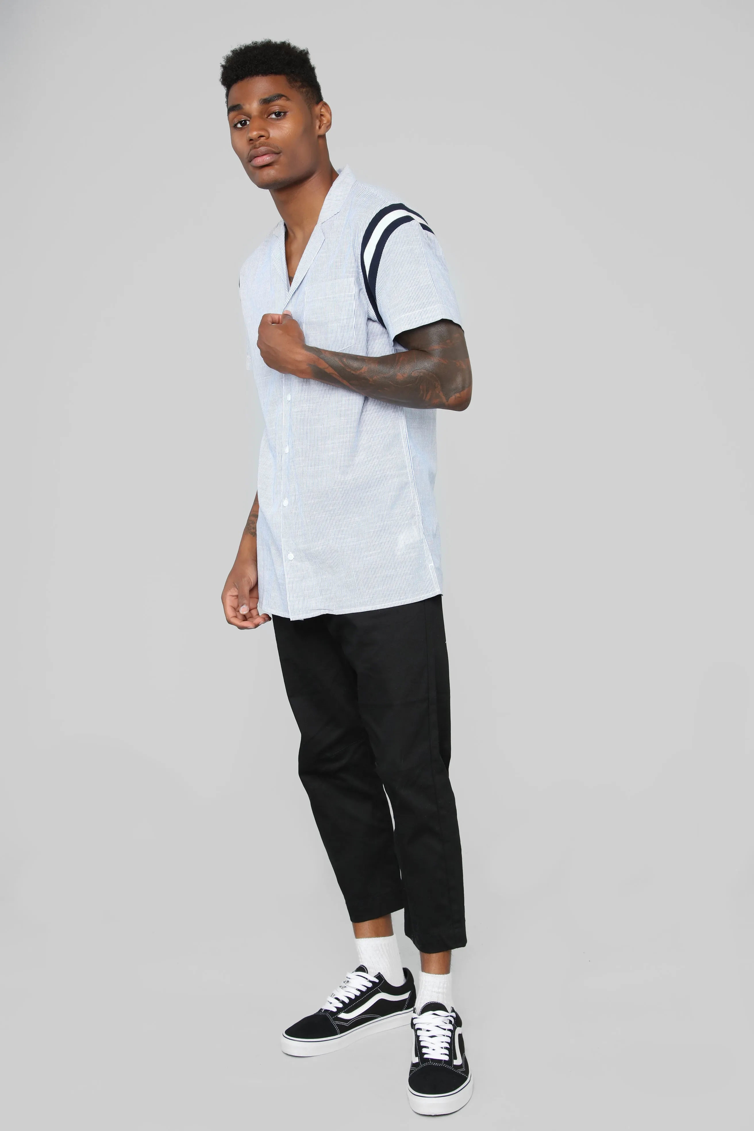 Adam Short Sleeve Woven Top - Navy/White