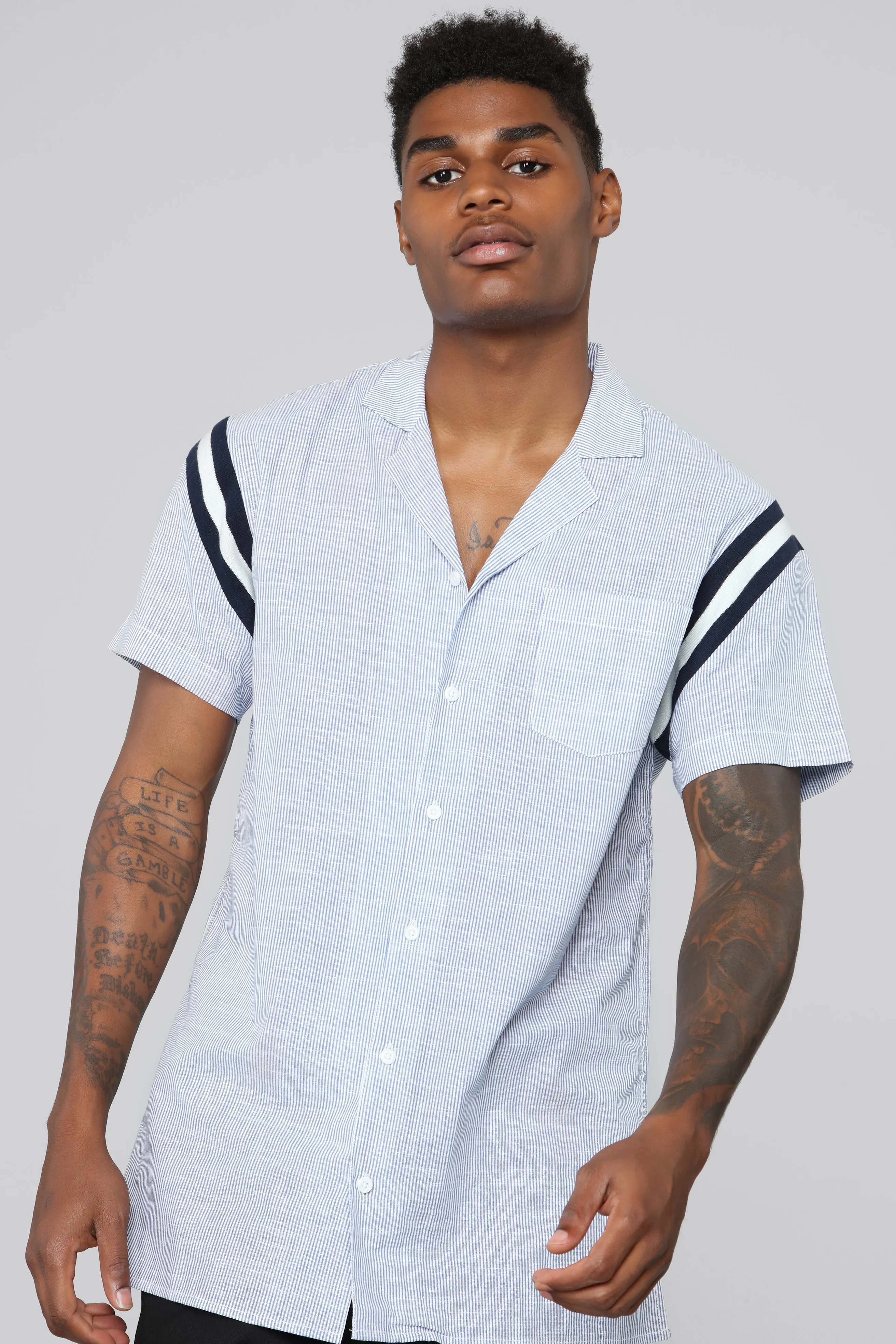 Adam Short Sleeve Woven Top - Navy/White