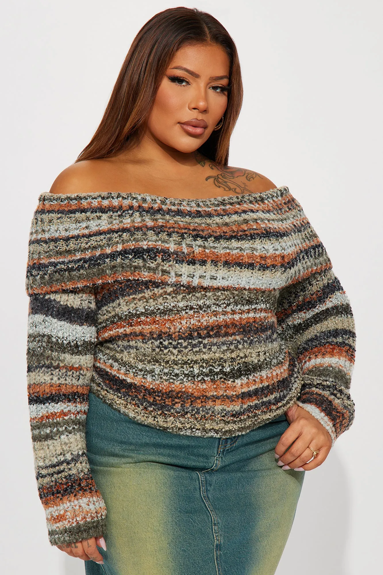 Autumn Leaves Off Shoulder Sweater - Multi Color