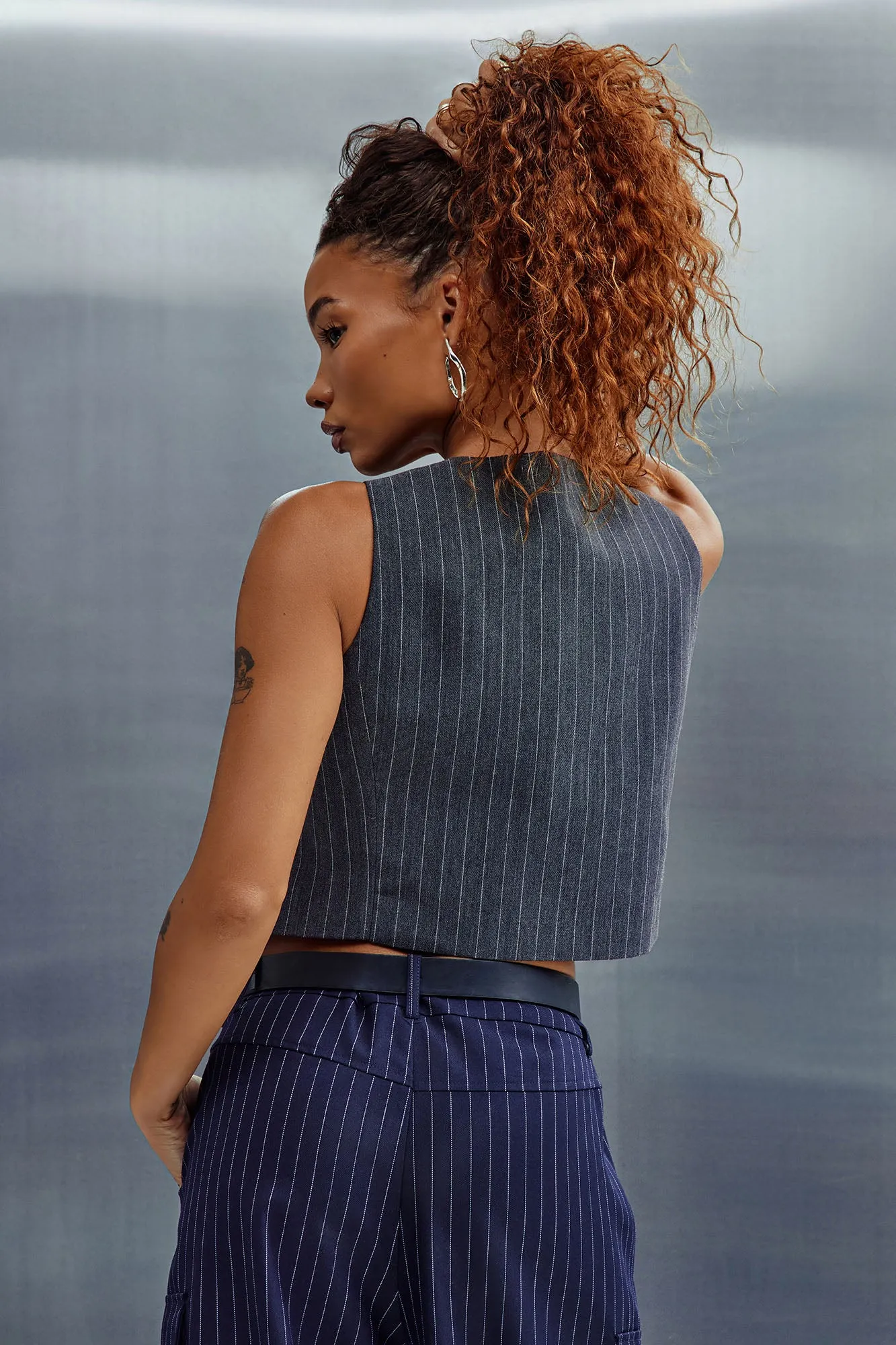 Back To Business Pinstripe Vest Top - Charcoal/combo