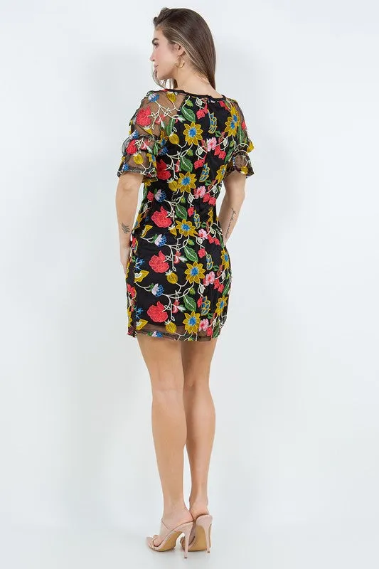 Black Floral Embroidery Tulle Dress, Vestido