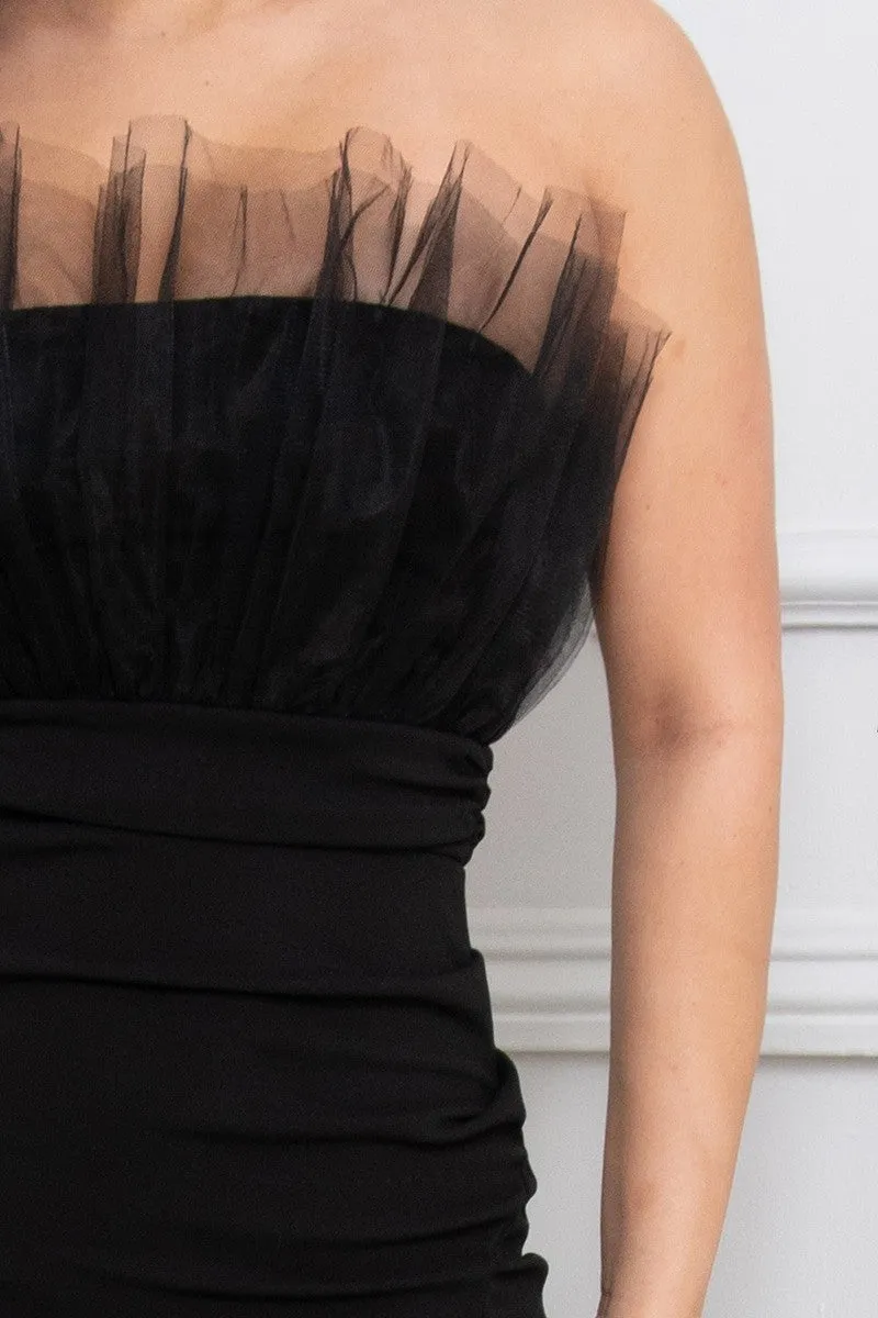 Black Tulle Strapless Mid Length Cocktail Dress