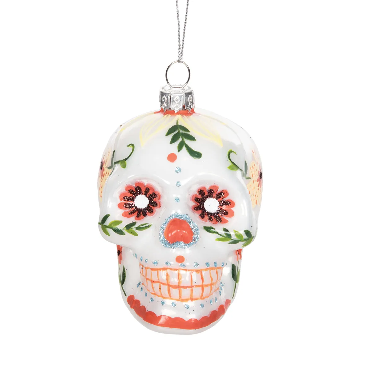 Blown Glass Floral Skull Ornament