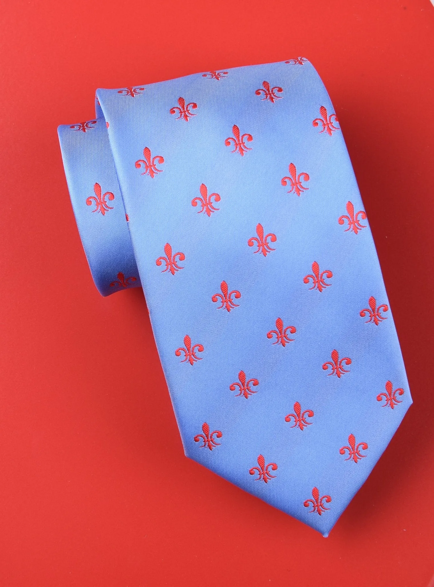 Blue Patterned 8cm Woven Tie with Red Fleur-De-Lis Floral Luxury Fashion