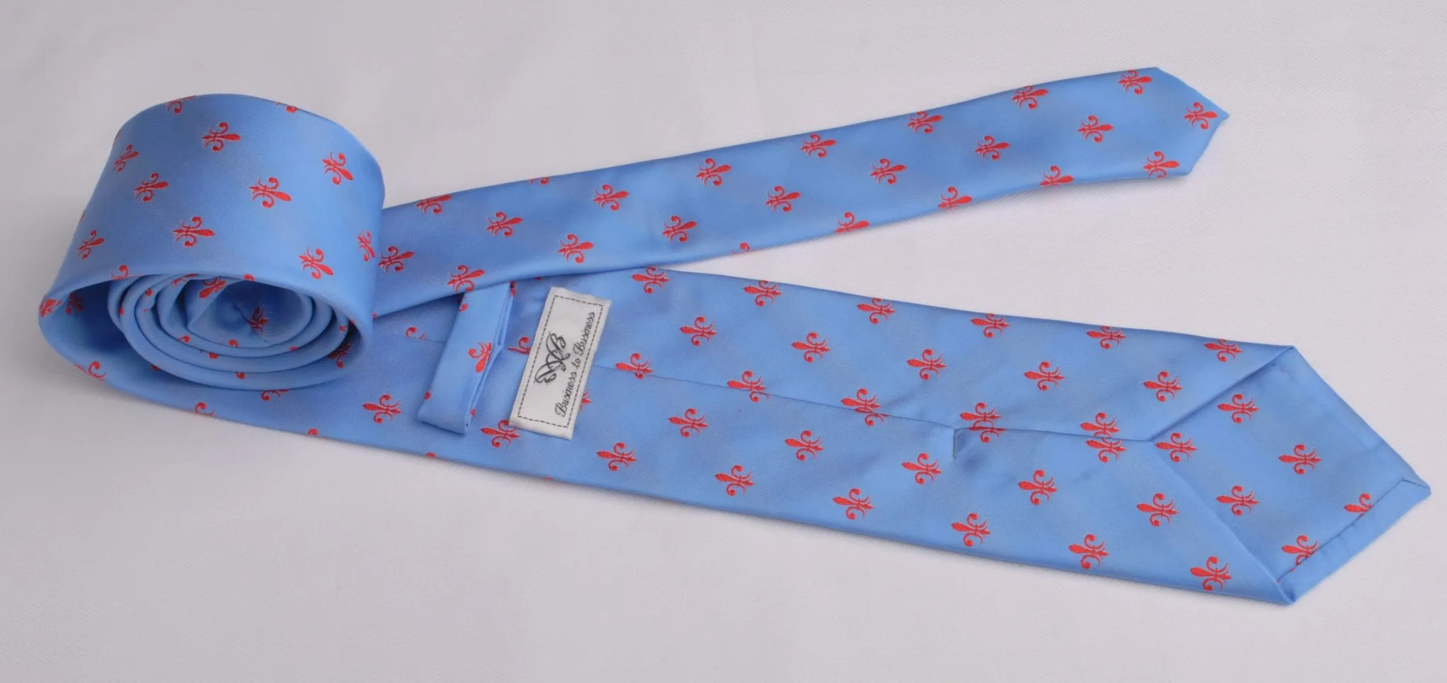 Blue Patterned 8cm Woven Tie with Red Fleur-De-Lis Floral Luxury Fashion