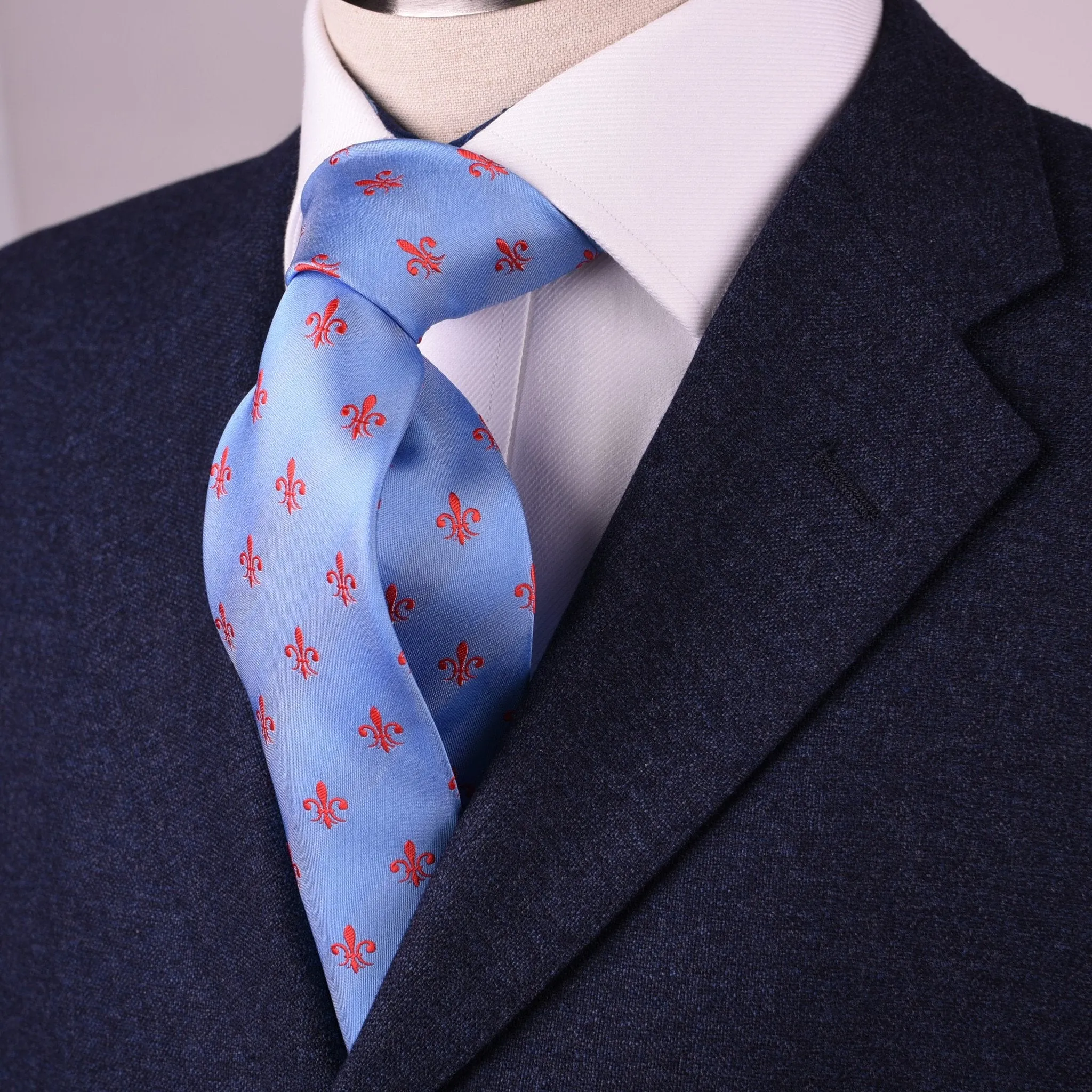 Blue Patterned 8cm Woven Tie with Red Fleur-De-Lis Floral Luxury Fashion