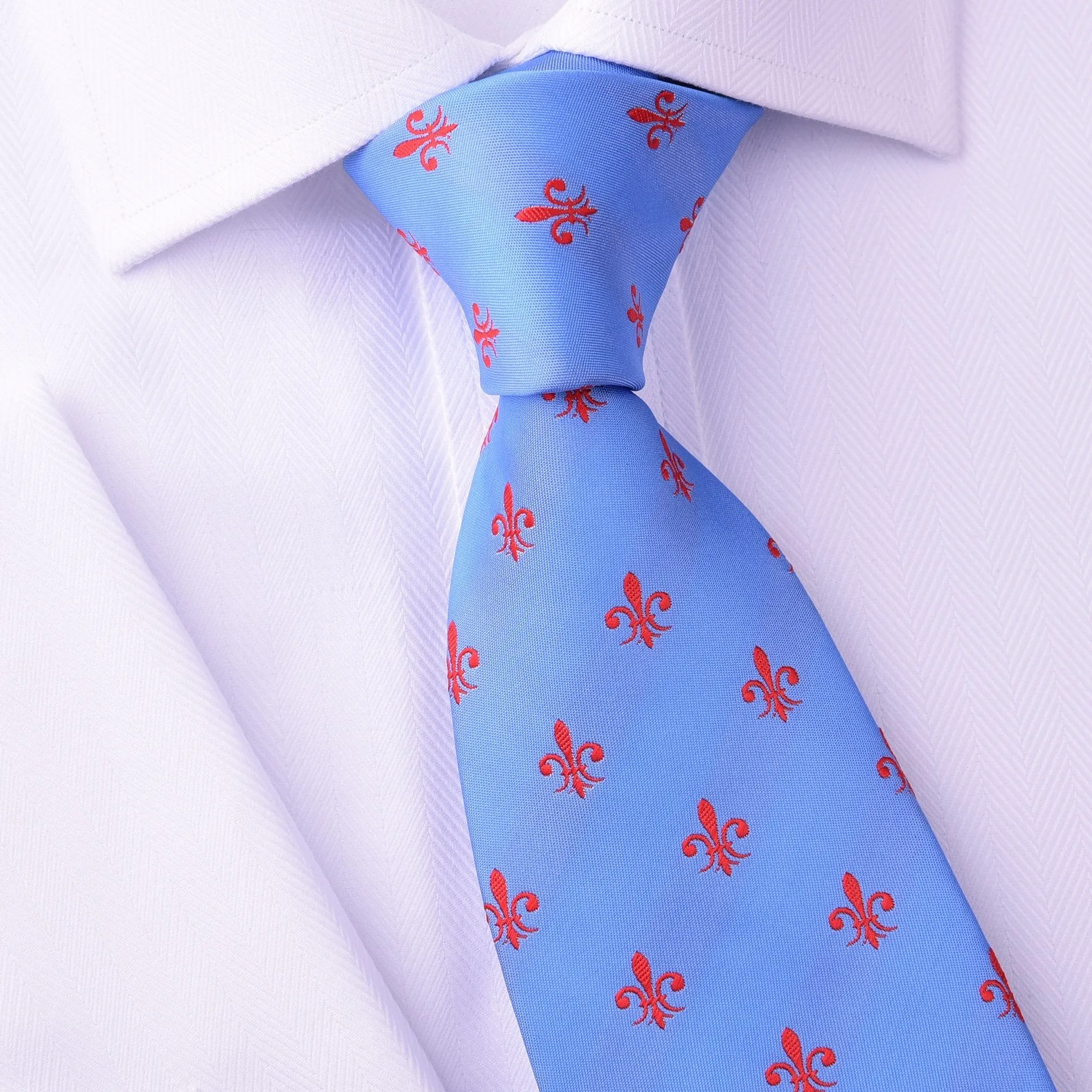 Blue Patterned 8cm Woven Tie with Red Fleur-De-Lis Floral Luxury Fashion