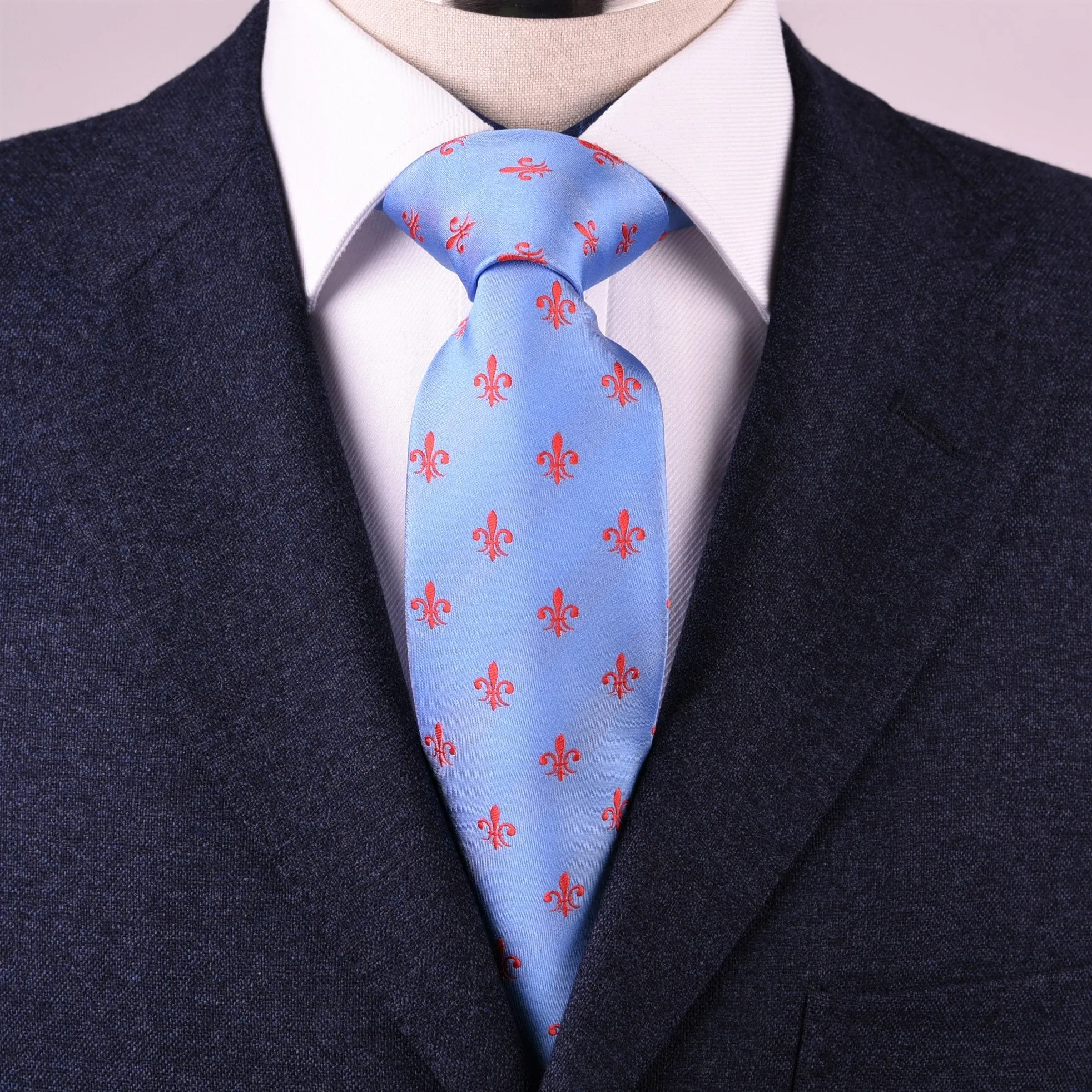 Blue Patterned 8cm Woven Tie with Red Fleur-De-Lis Floral Luxury Fashion