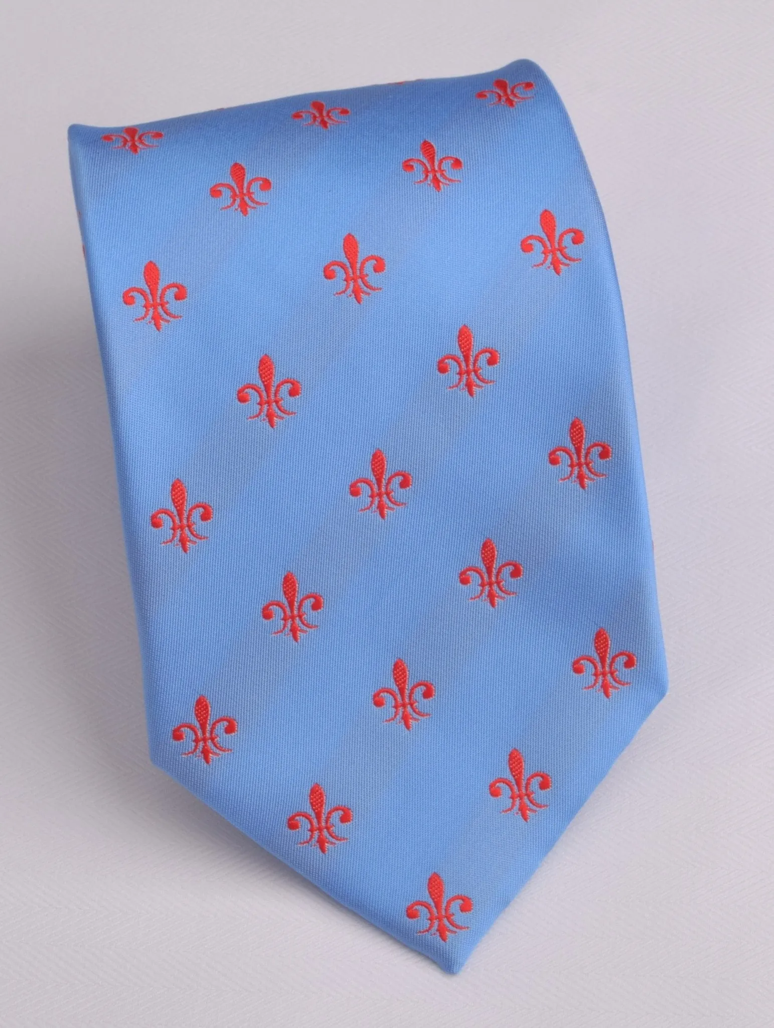 Blue Patterned 8cm Woven Tie with Red Fleur-De-Lis Floral Luxury Fashion