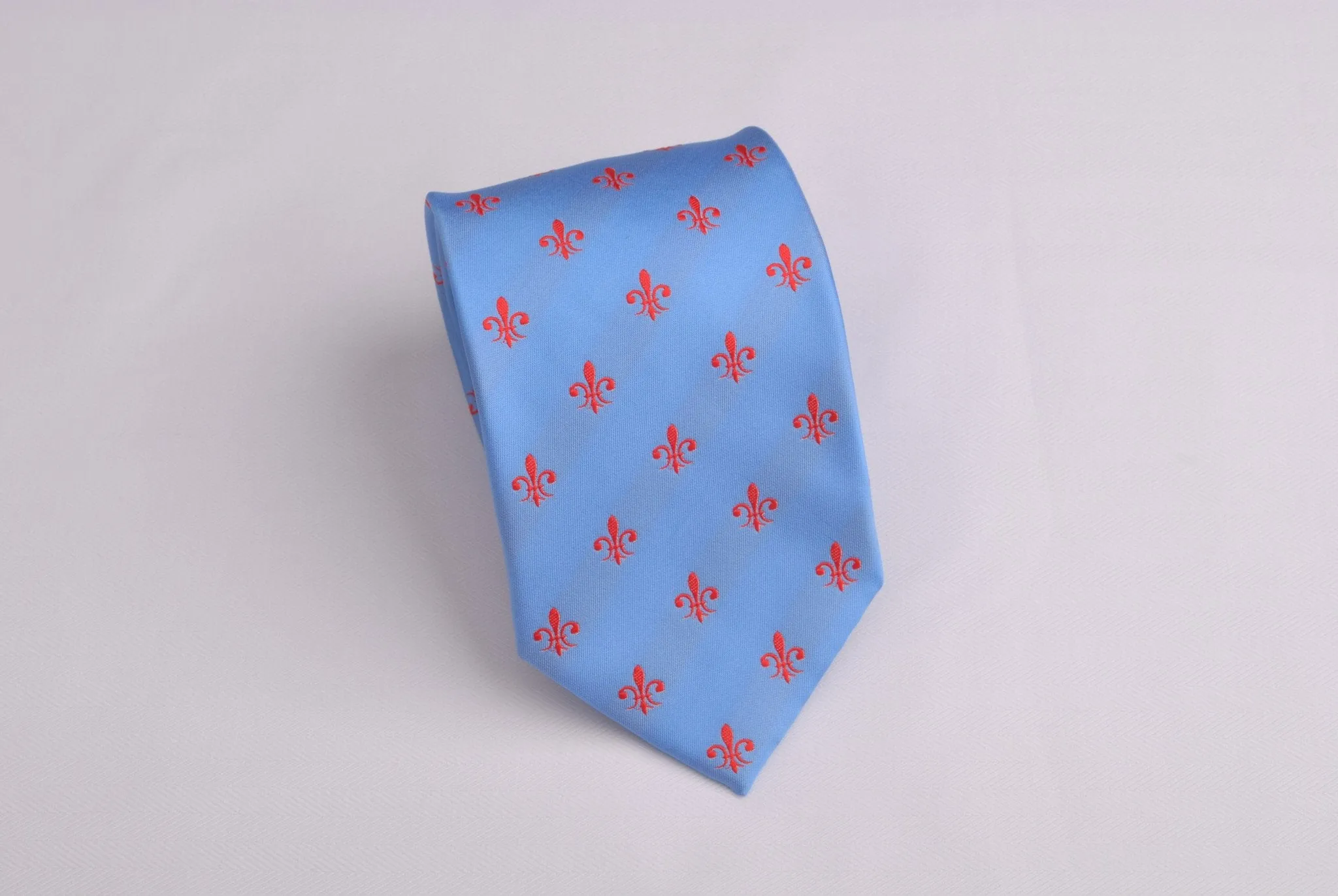 Blue Patterned 8cm Woven Tie with Red Fleur-De-Lis Floral Luxury Fashion