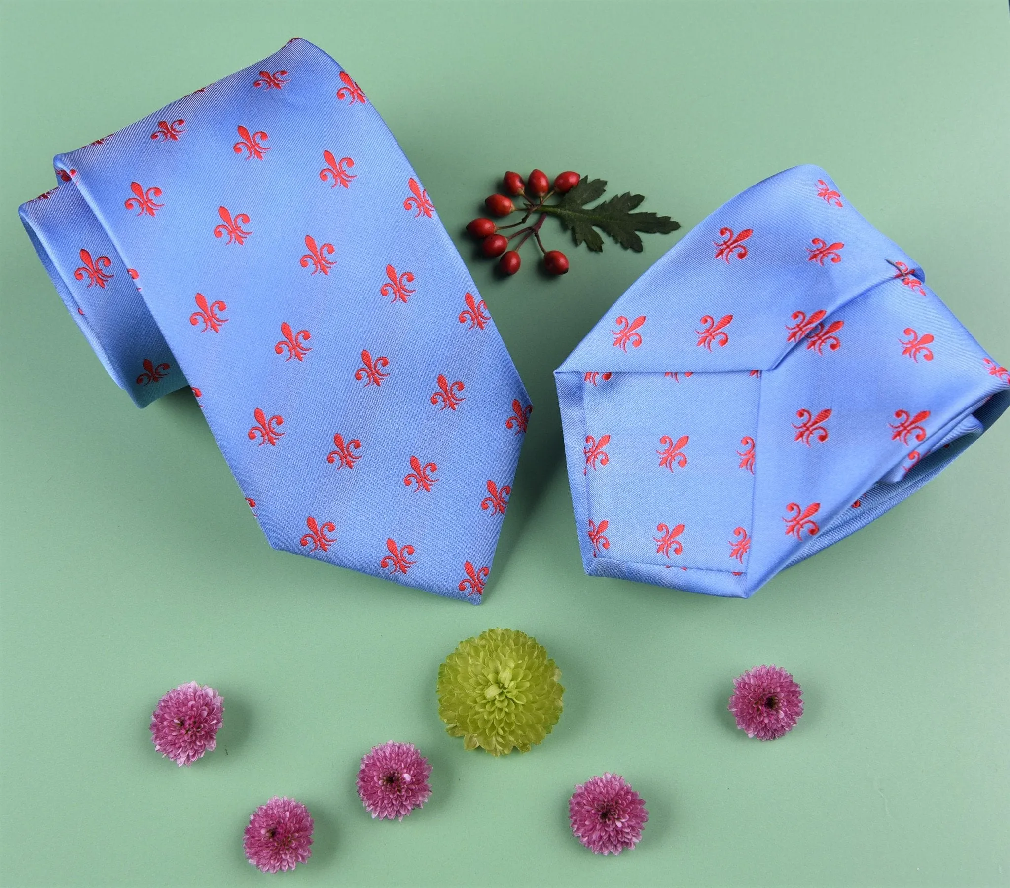 Blue Patterned 8cm Woven Tie with Red Fleur-De-Lis Floral Luxury Fashion