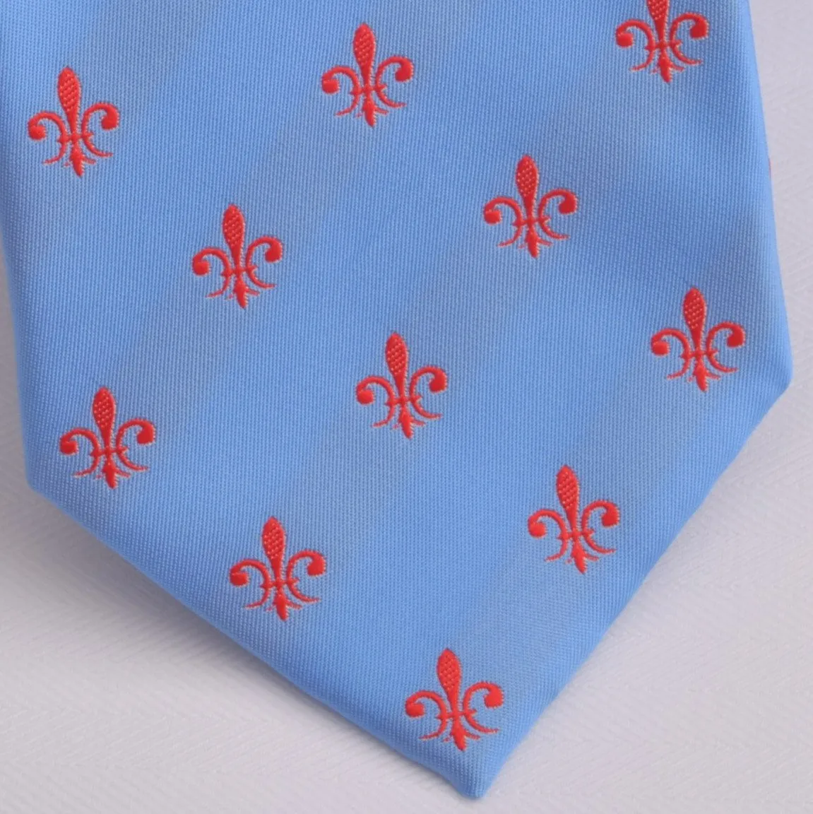 Blue Patterned 8cm Woven Tie with Red Fleur-De-Lis Floral Luxury Fashion