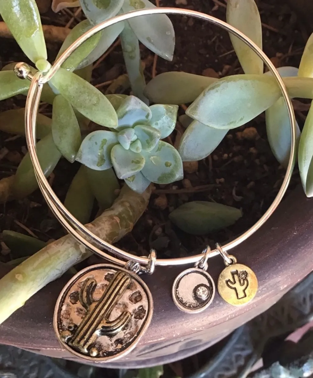 Cactus Silvertone Charm Bangle