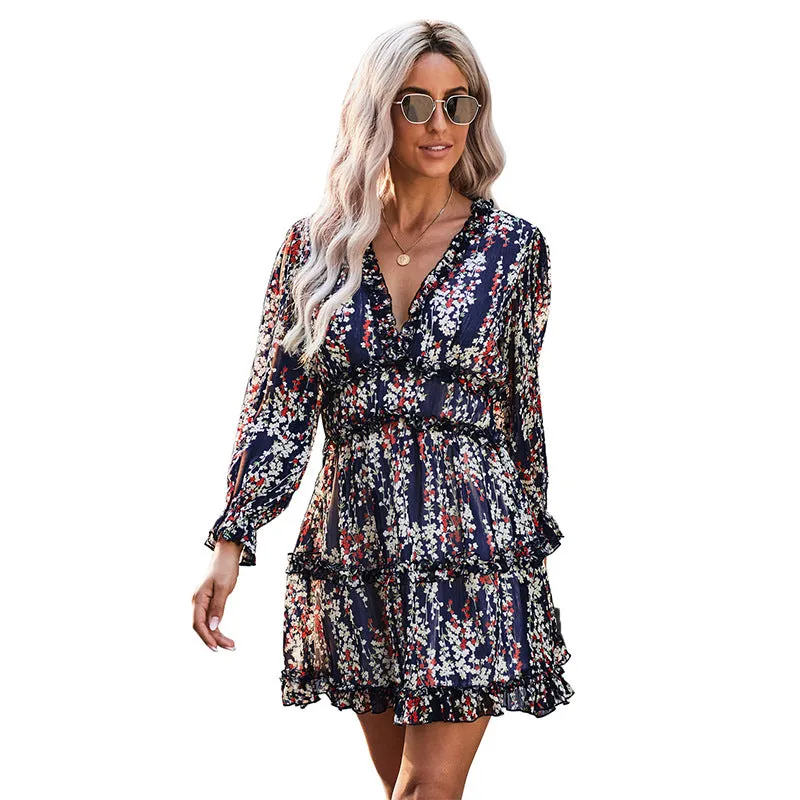 Dress open back chiffon waist sexy high waist long sleeve floral skirt women