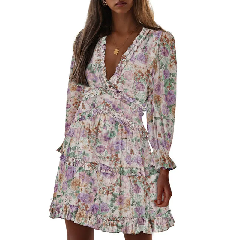 Dress open back chiffon waist sexy high waist long sleeve floral skirt women