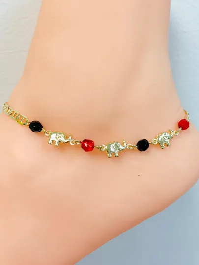 Elephant Red Black Beads Anklet Bracelet 18K Gold Filled 10" Inches / Womens Anklet Bracelet / Azabache Bracelet / Animals Bracelet / Tobillera de Elefante para Mujer / Pulsera de Pie Rojo y Negra