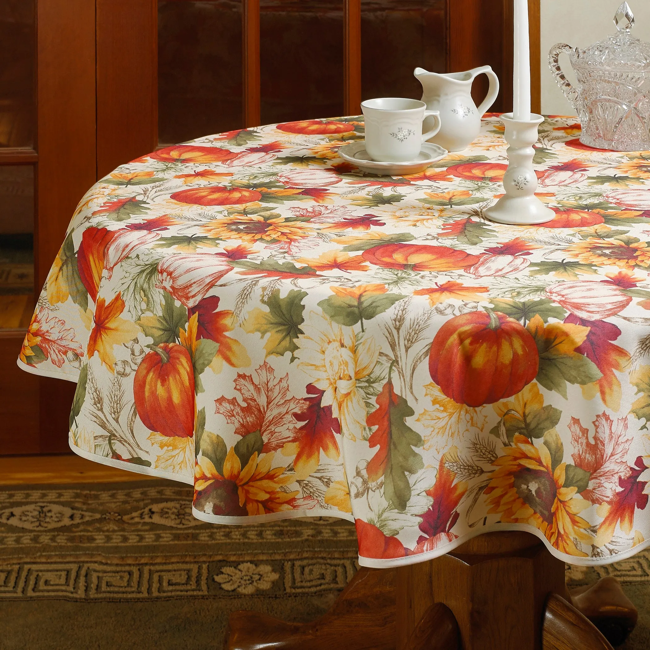 European Fall Harvest Pumpkins and Autumn Leaves Tablecloths