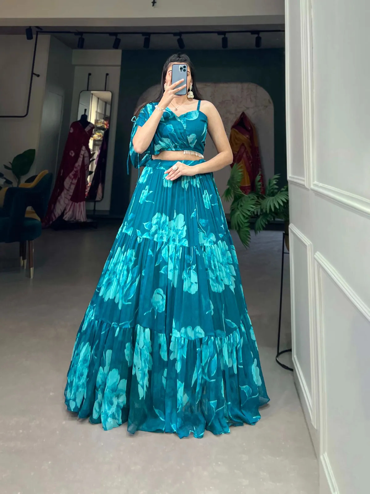 Firozi Blue Floral Chiffon Lehenga Co-ord Set