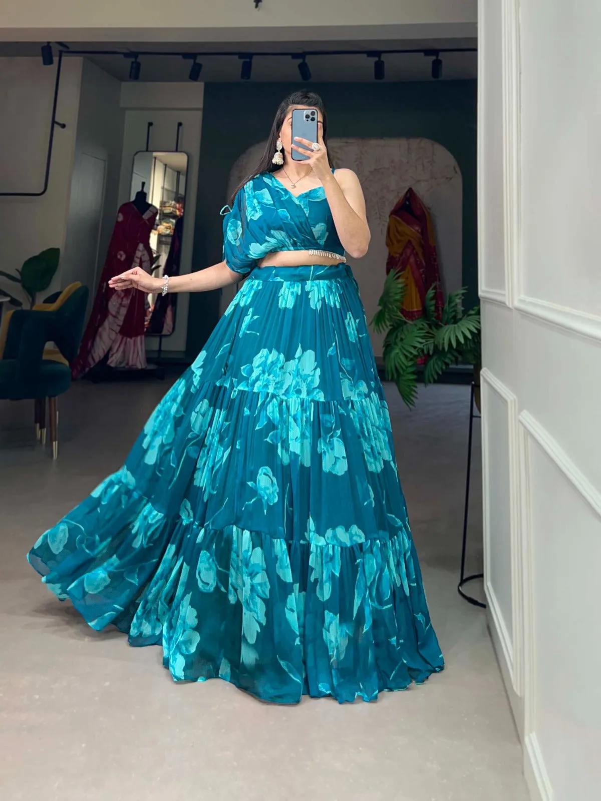 Firozi Blue Floral Chiffon Lehenga Co-ord Set