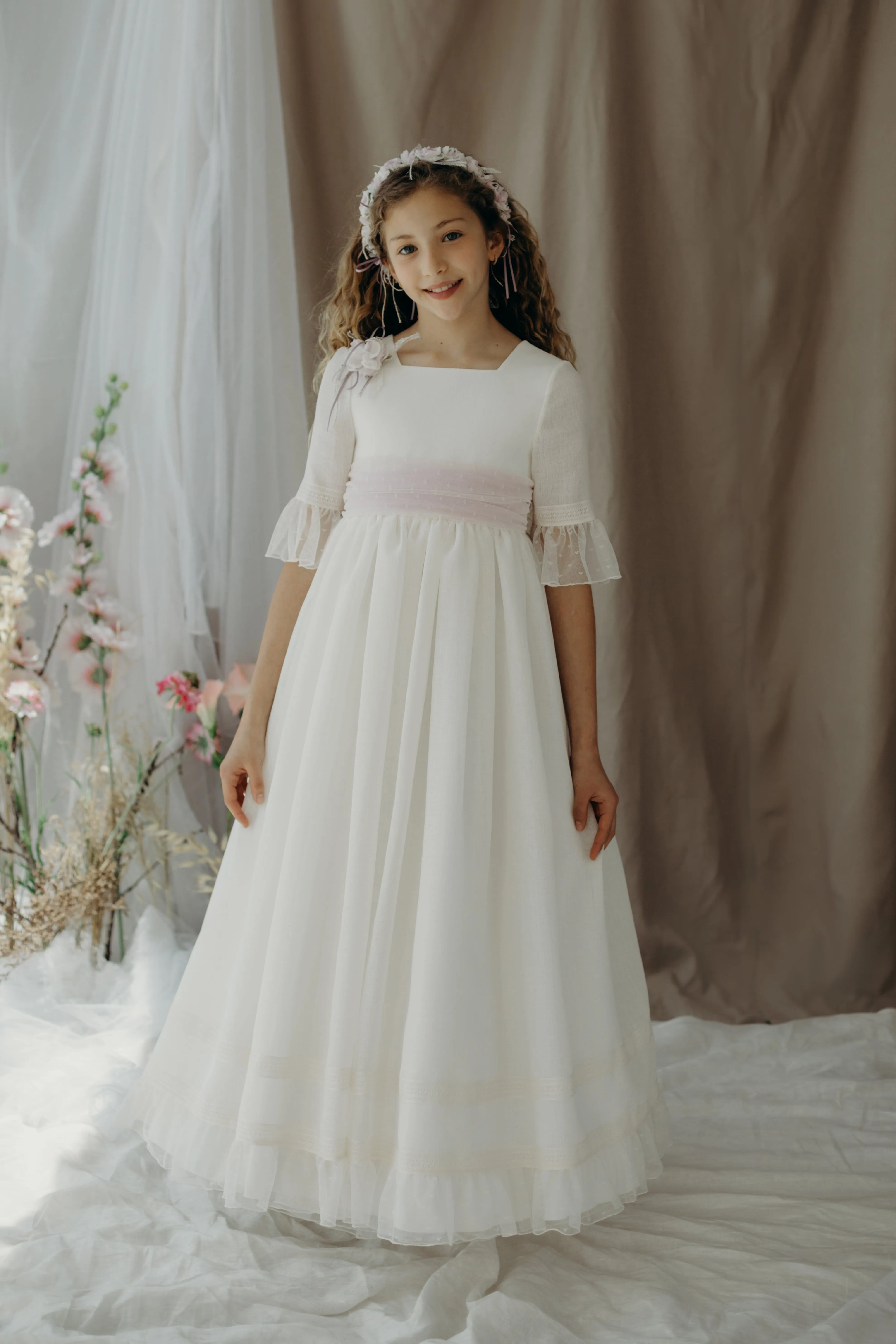 First Communion Dress Model 5805: Elegance and Romance in Light Ivory