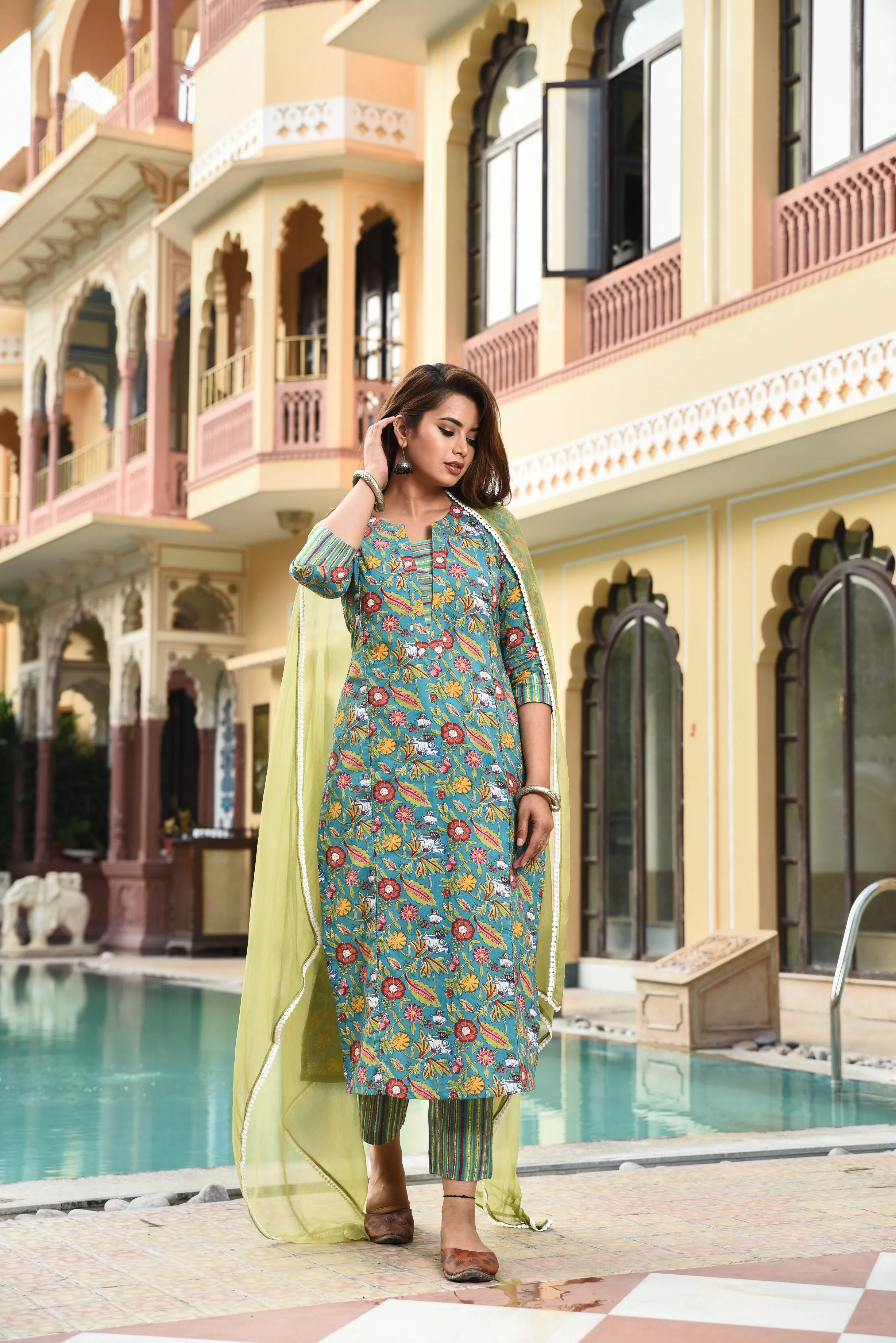 Floral Blue Green Chiffon Dupatta Suit Set