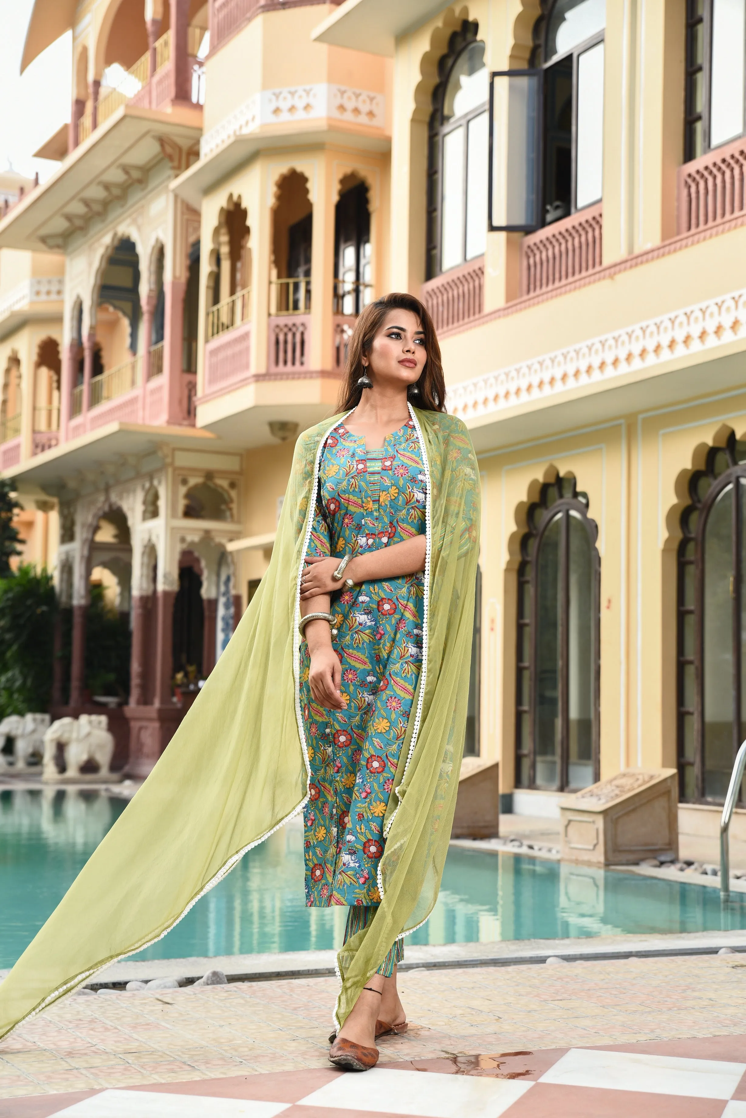 Floral Blue Green Chiffon Dupatta Suit Set