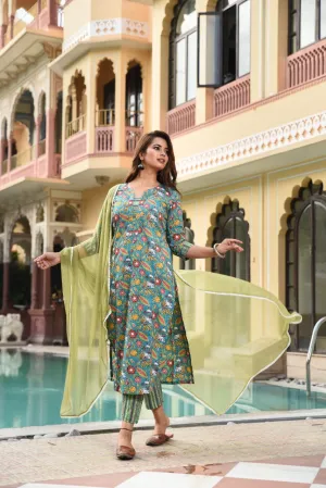 Floral Blue Green Chiffon Dupatta Suit Set