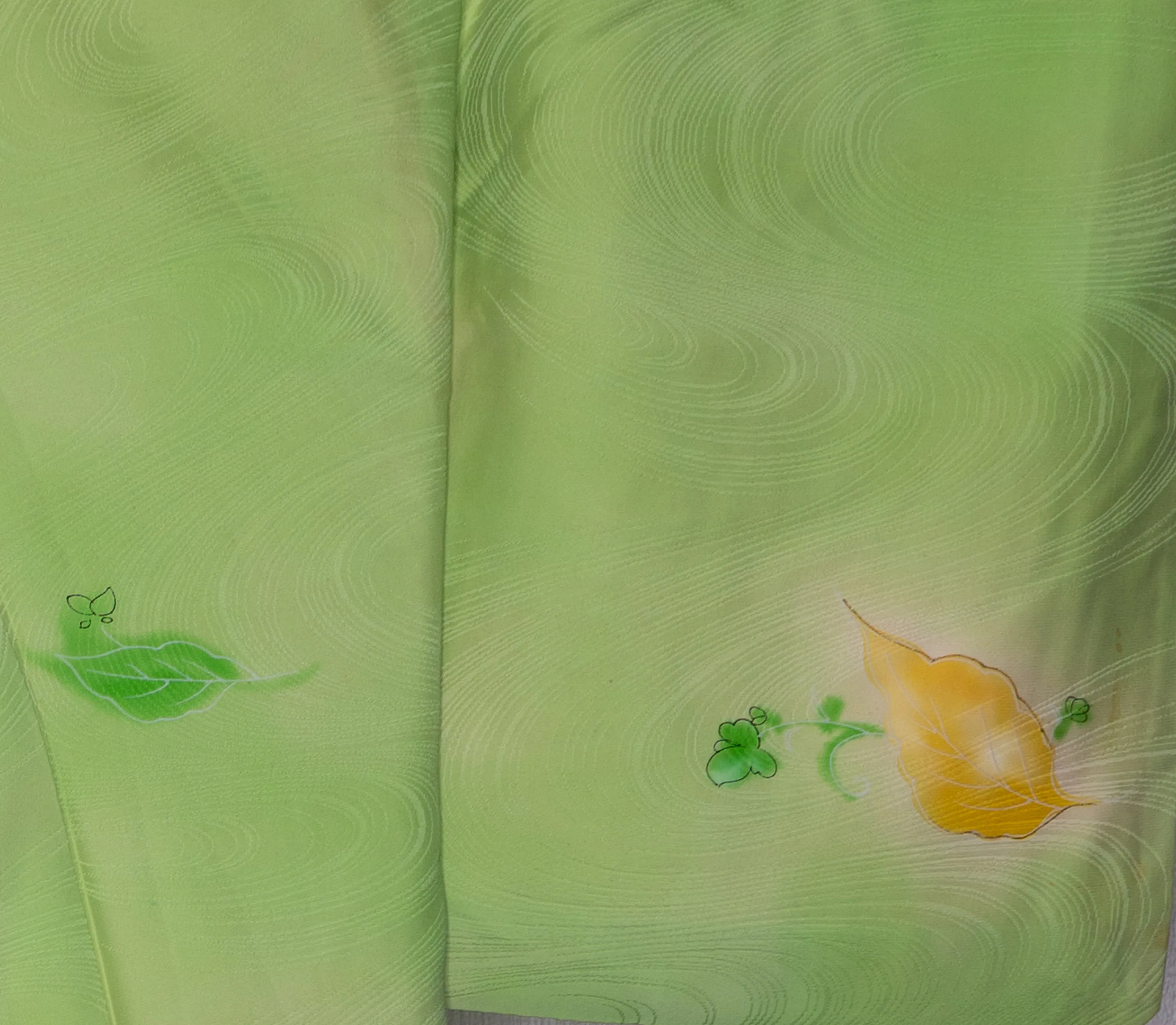 Green Falling Autumn Leaves Silk Kimono - Fall Vintage Traditional Chimono Floral Relaxing Clothing