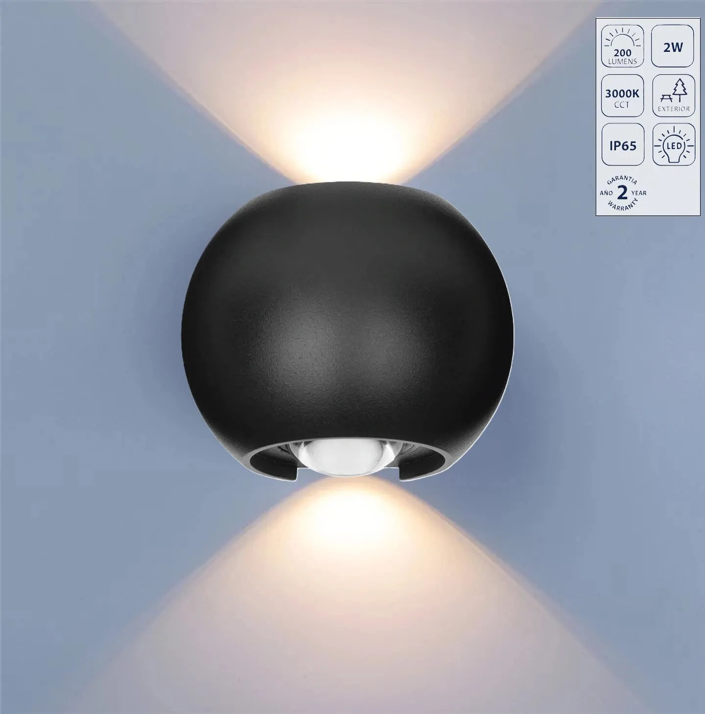 Lámpara De Pared Exterior Negra LED 2W - Luz Cálida 3000K, 200Lm, Diseño Compacto Y Elegante. Luminaria