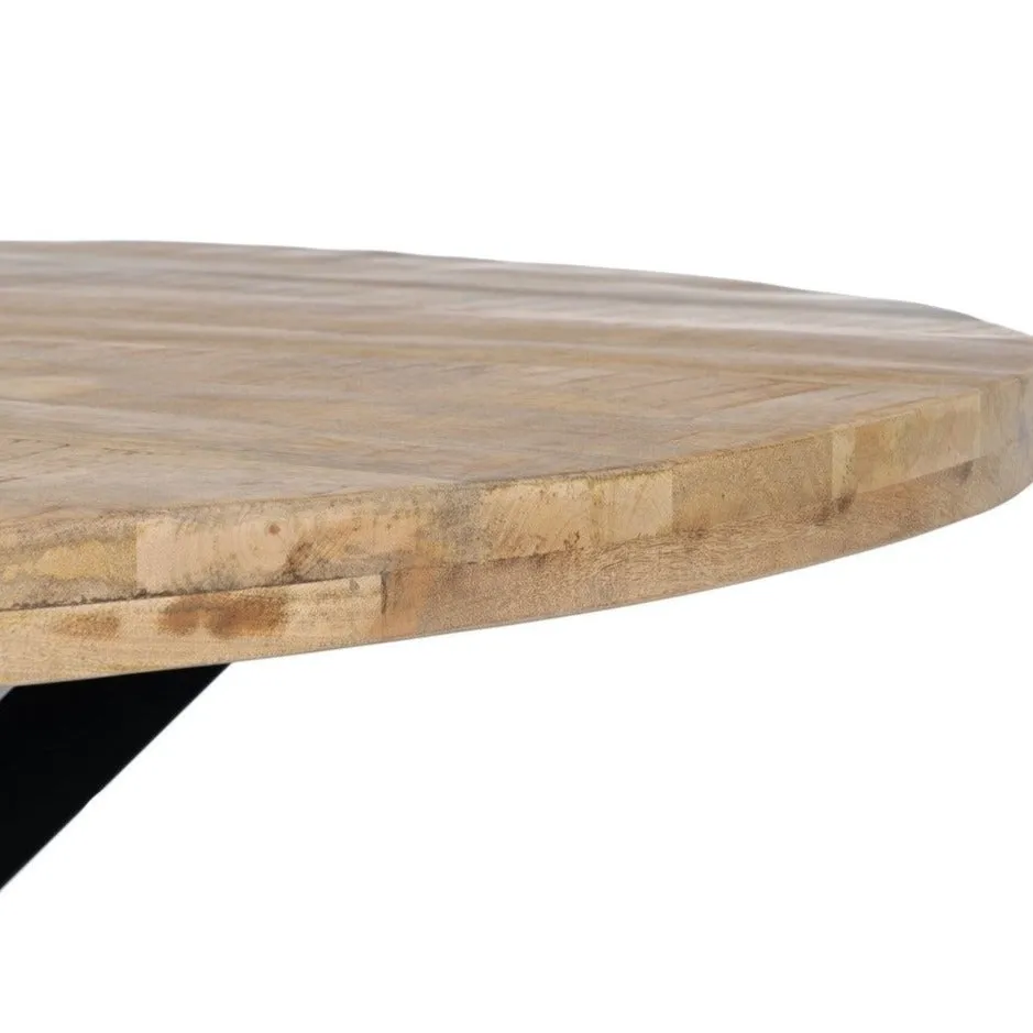 Mesa redonda de madera de mango y patas de metal negro, Ø 150 cm.