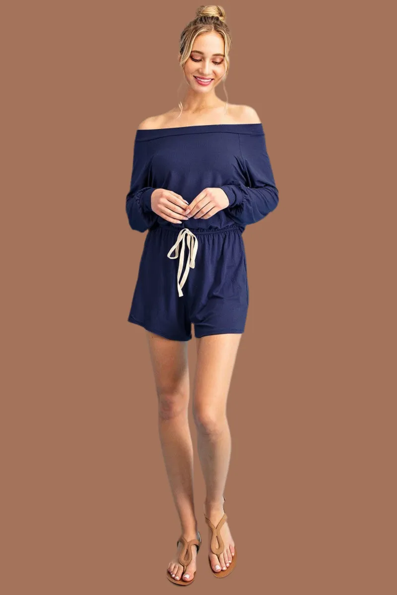 Navy Off the Shoulder Long Sleeve Romper