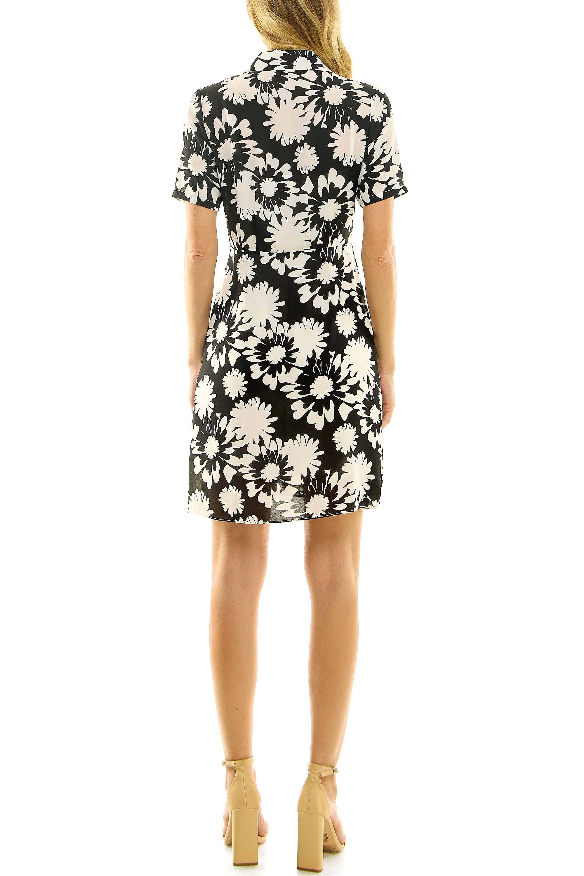 Nicole MIller Collared Short Sleeve Gathered Front Floral Print Crepe Chiffon Dress