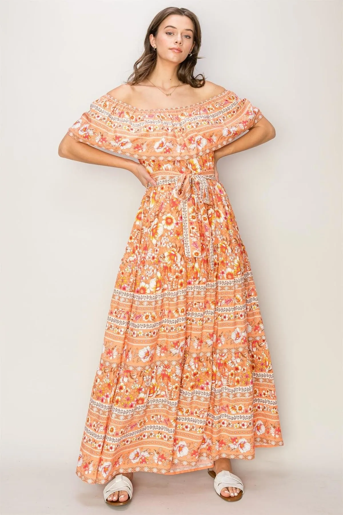 Off the Shoulder Orange Floral Maxi Dress