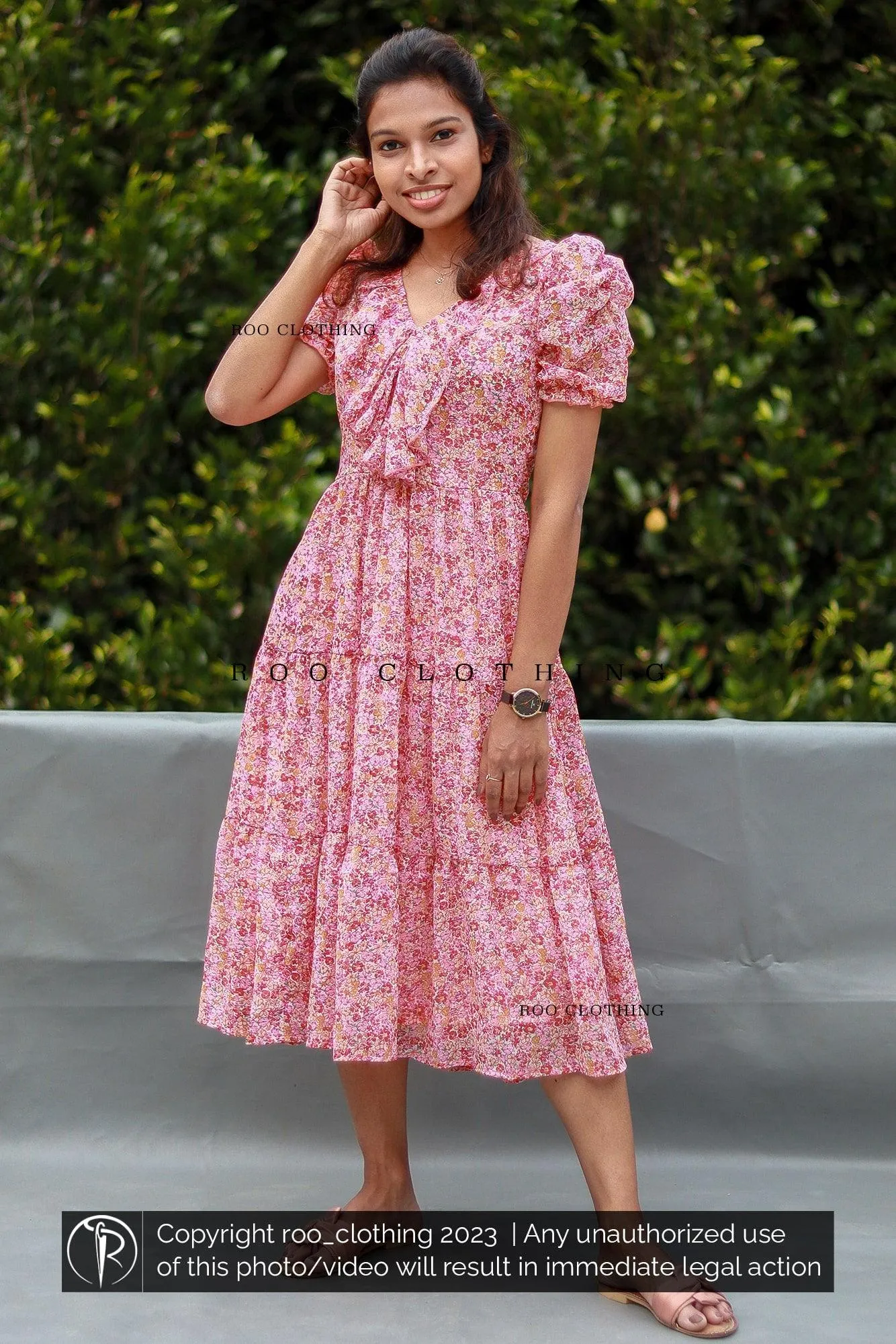 Pink Floral Printed Tiered Midi Dress