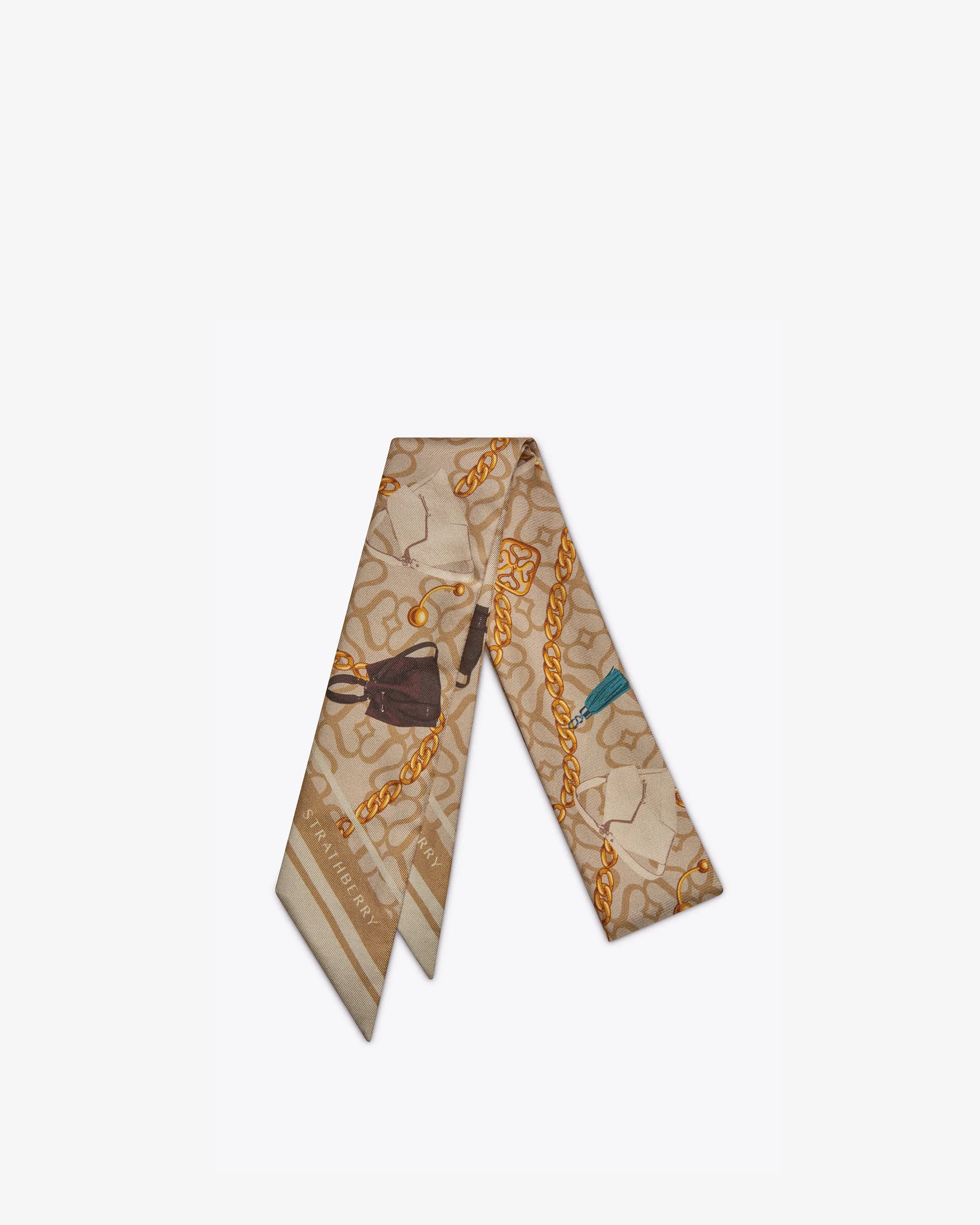 Silk Skinny Scarf - Bag and Chain Print Oat/Caramel