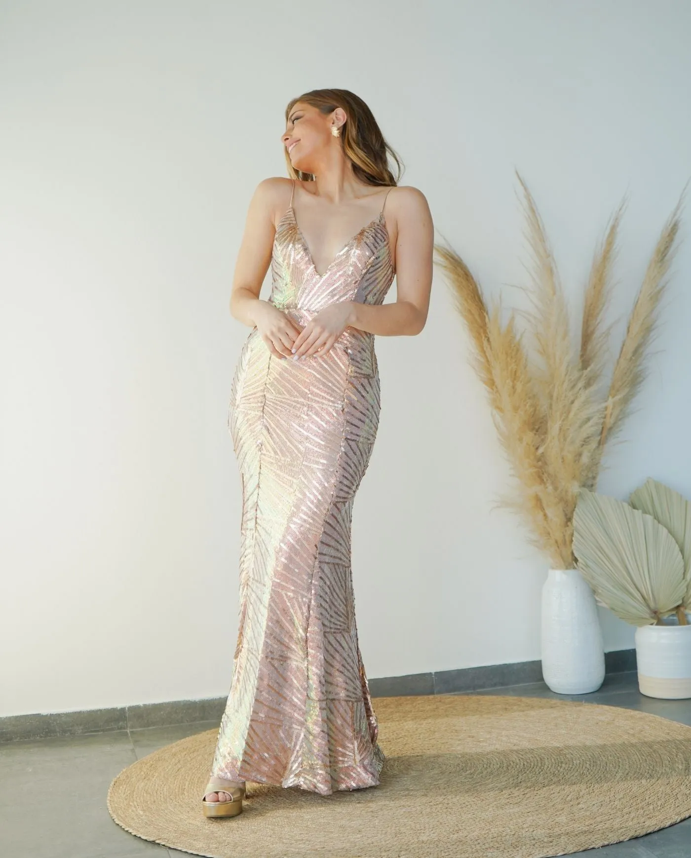 Vestido de Fiesta Largo Bianca Lentejuelas Rose Gold