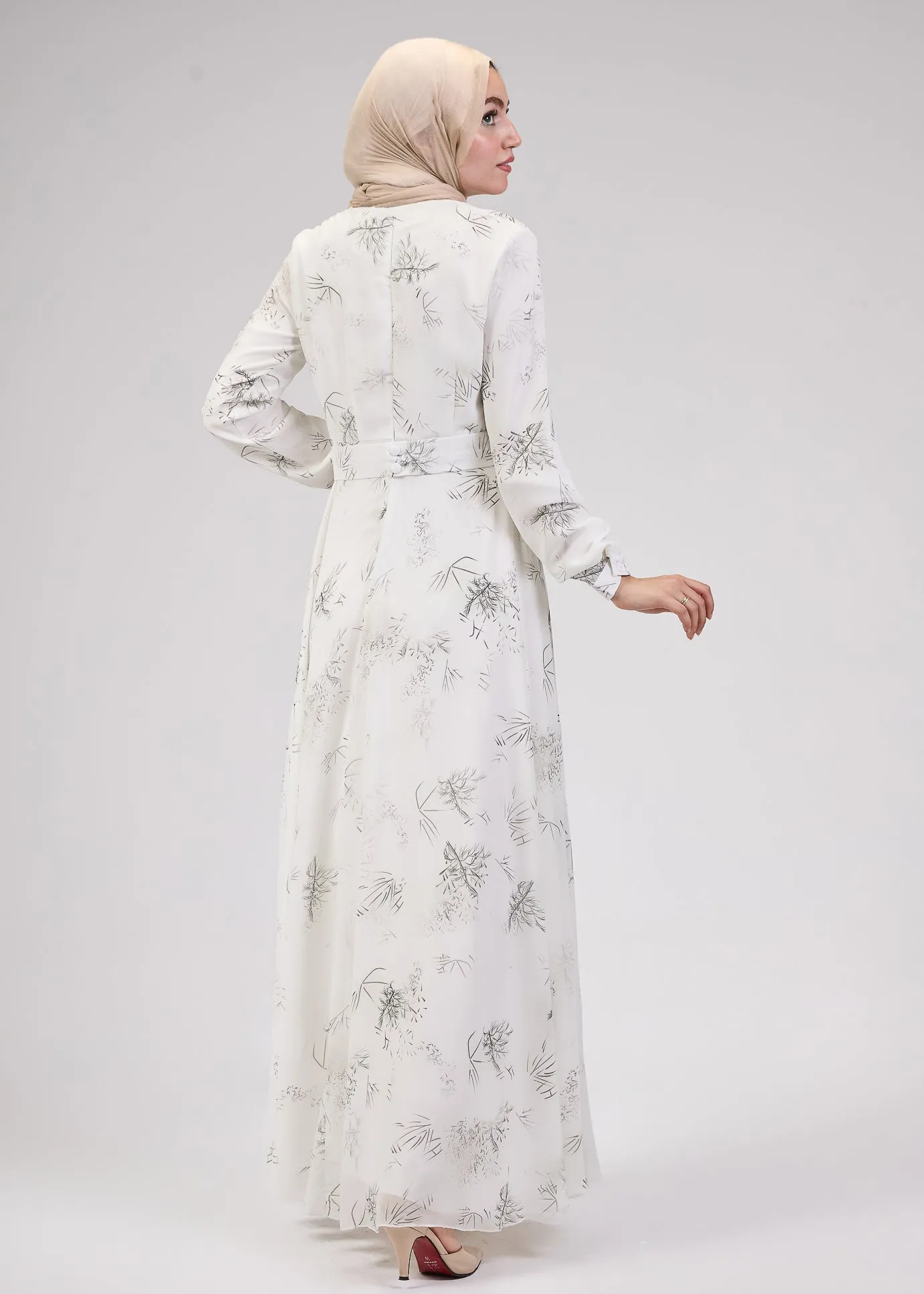 Zayneb Elegant Ivory Chiffon Maxi Dress with Floral Print