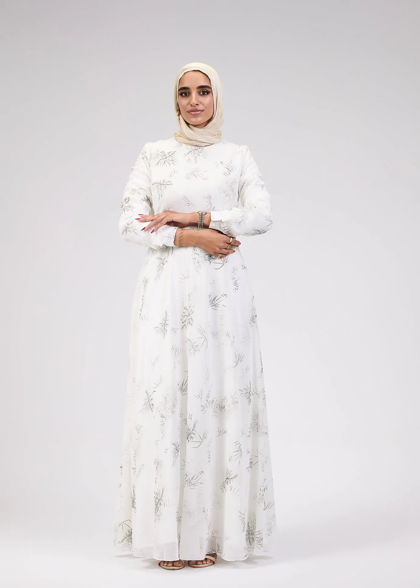 Zayneb Elegant Ivory Chiffon Maxi Dress with Floral Print